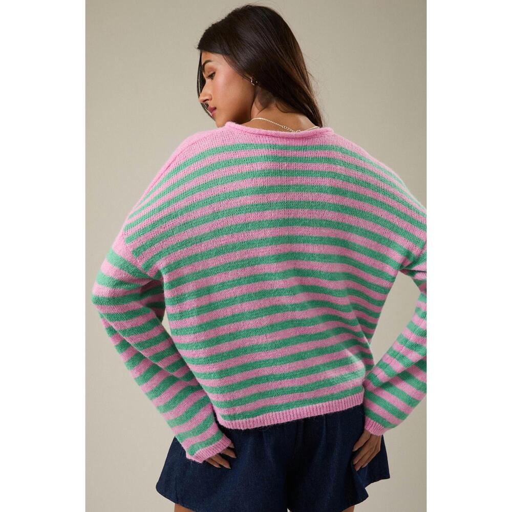 NEW LE LIS stripe half button sweater in pink mint stripe - Picture 3 of 3